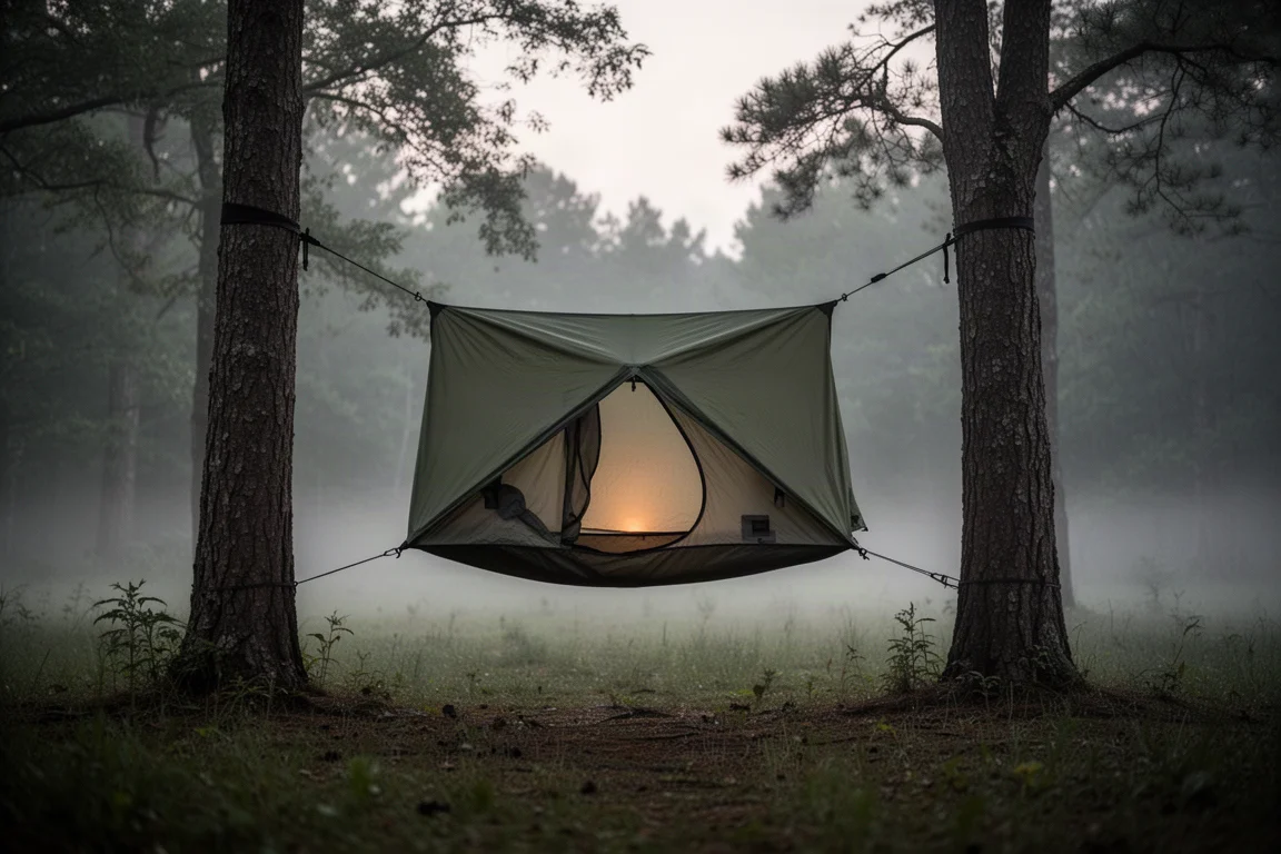 Hamaca horizontal tipo tienda suspendida entre dos árboles en un campamento forestal