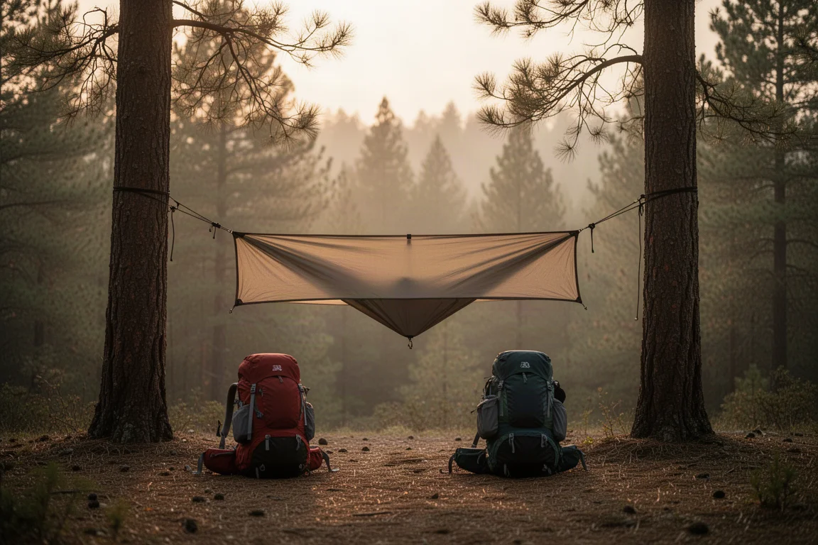 Refugio de acampada nocturna guardado en una mochila junto a un campamento llano al borde del sendero