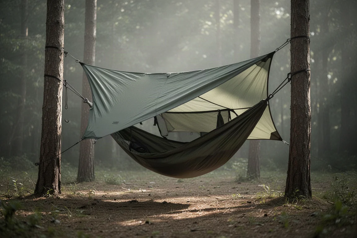 Lay-flat hammock tent suspended between two trees in a forest clearing