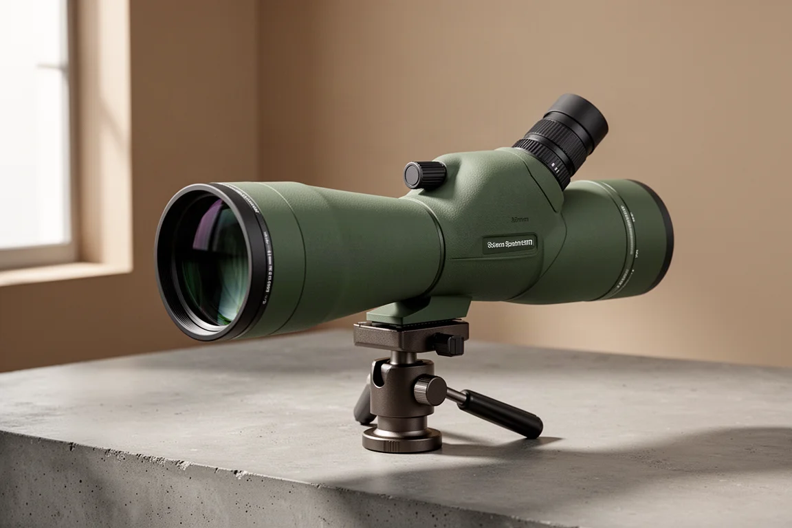 Hawke Endurance ED 85mm spotting scope mounted on a tripod on a concrete surface