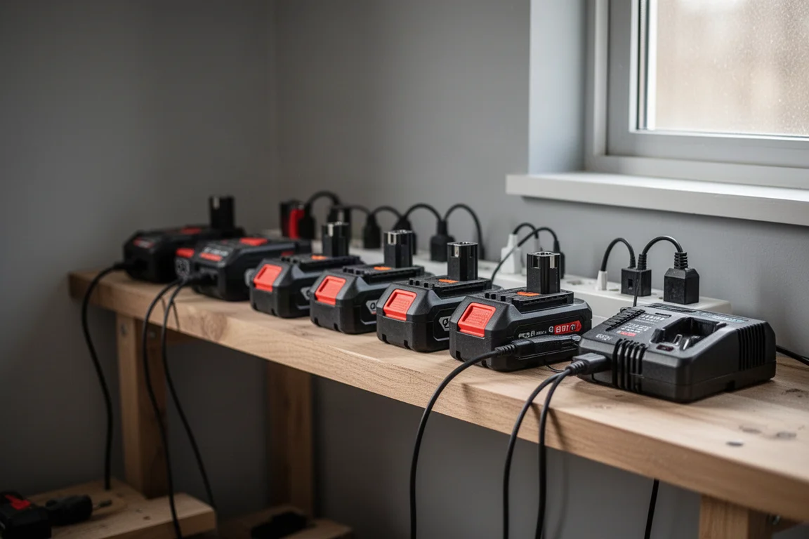 Modern workshop corner with battery chargers and power tools neatly arranged