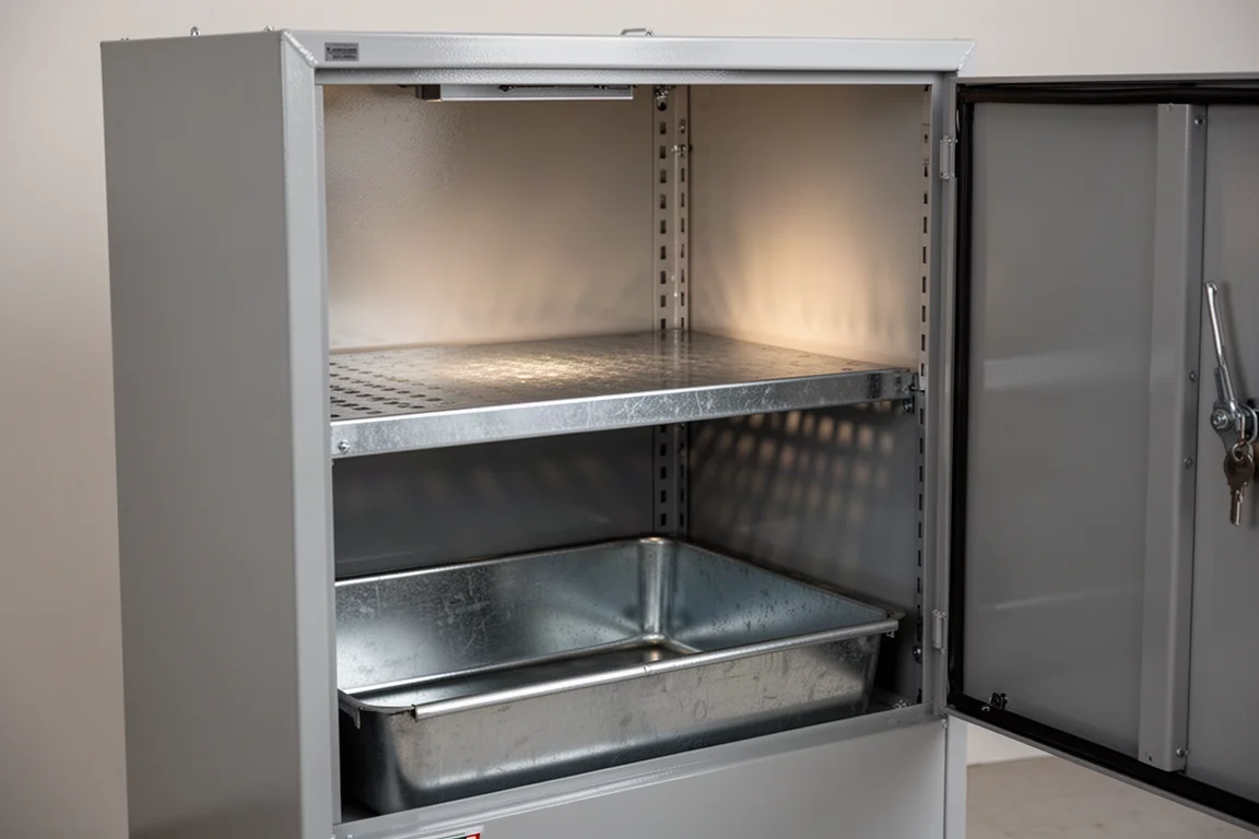 Interior of a steel safety cabinet showing sump base and shelving
