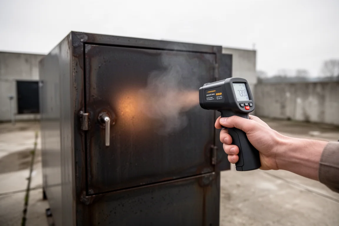 Infrared thermometer reading surface temperature of a hot steel cabinet door