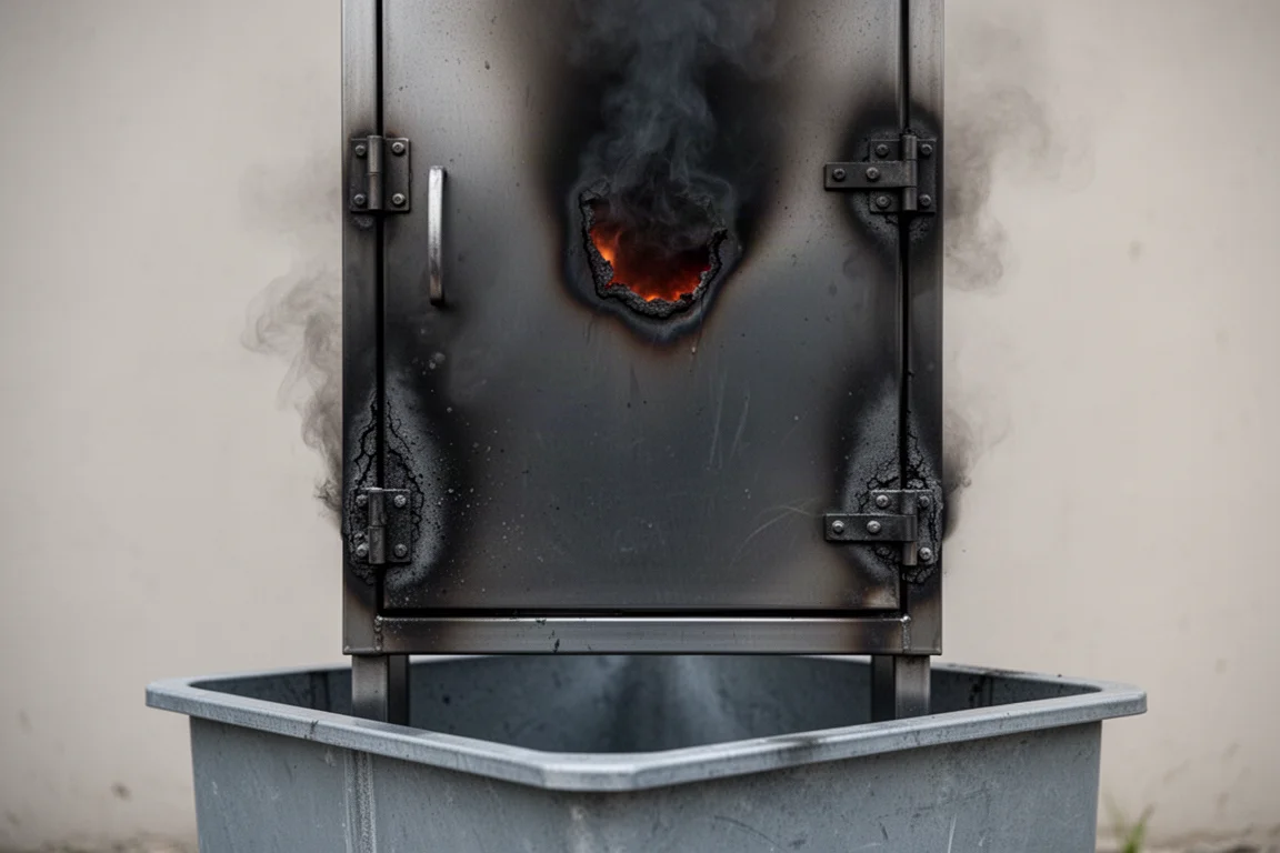 Scorched steel cabinet door with soot marks after a controlled fire test