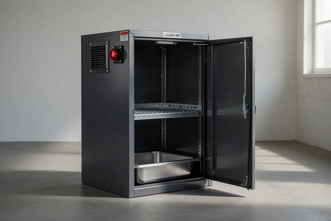 Compact steel lithium-ion battery storage cabinet with doors ajar on a workshop floor