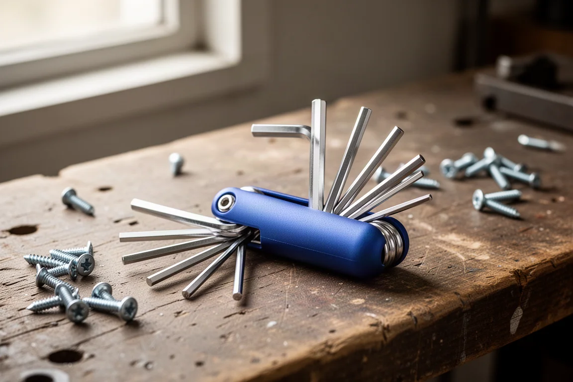 Folding hex key set open on a workbench with keys fanned out