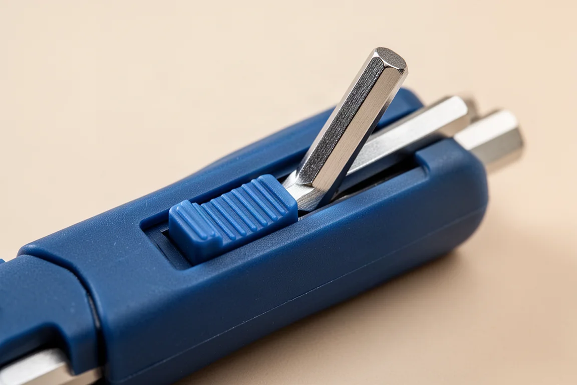 Close-up of a sliding ejector switch on a folding hex key handle