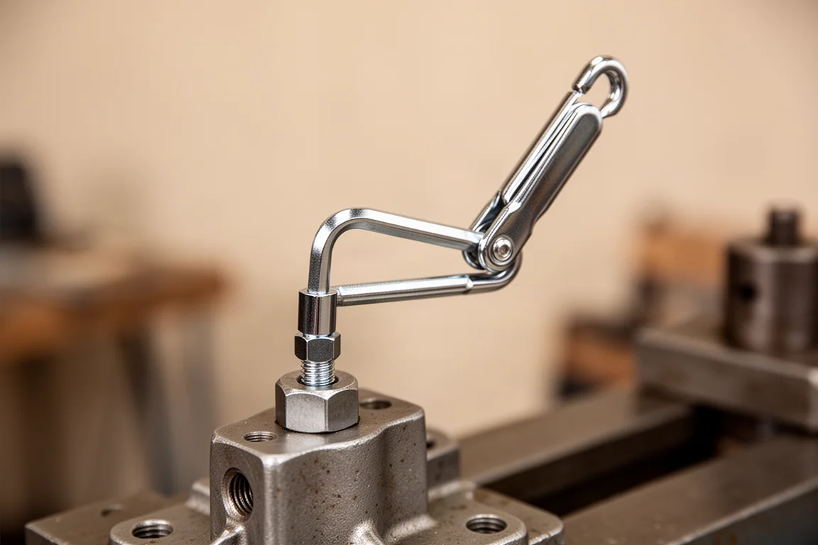 Hands using a hex key to tighten a bolt on a machine part