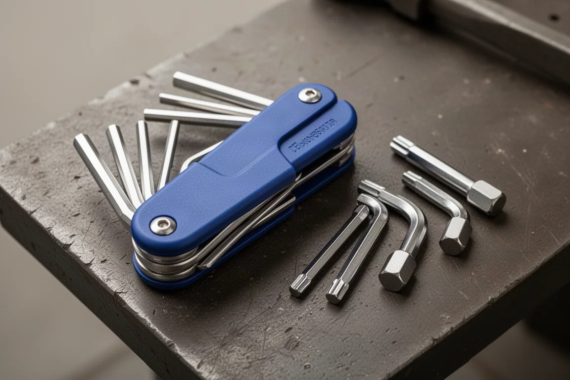 Folding hex key set closed and secured with keys snugged inside