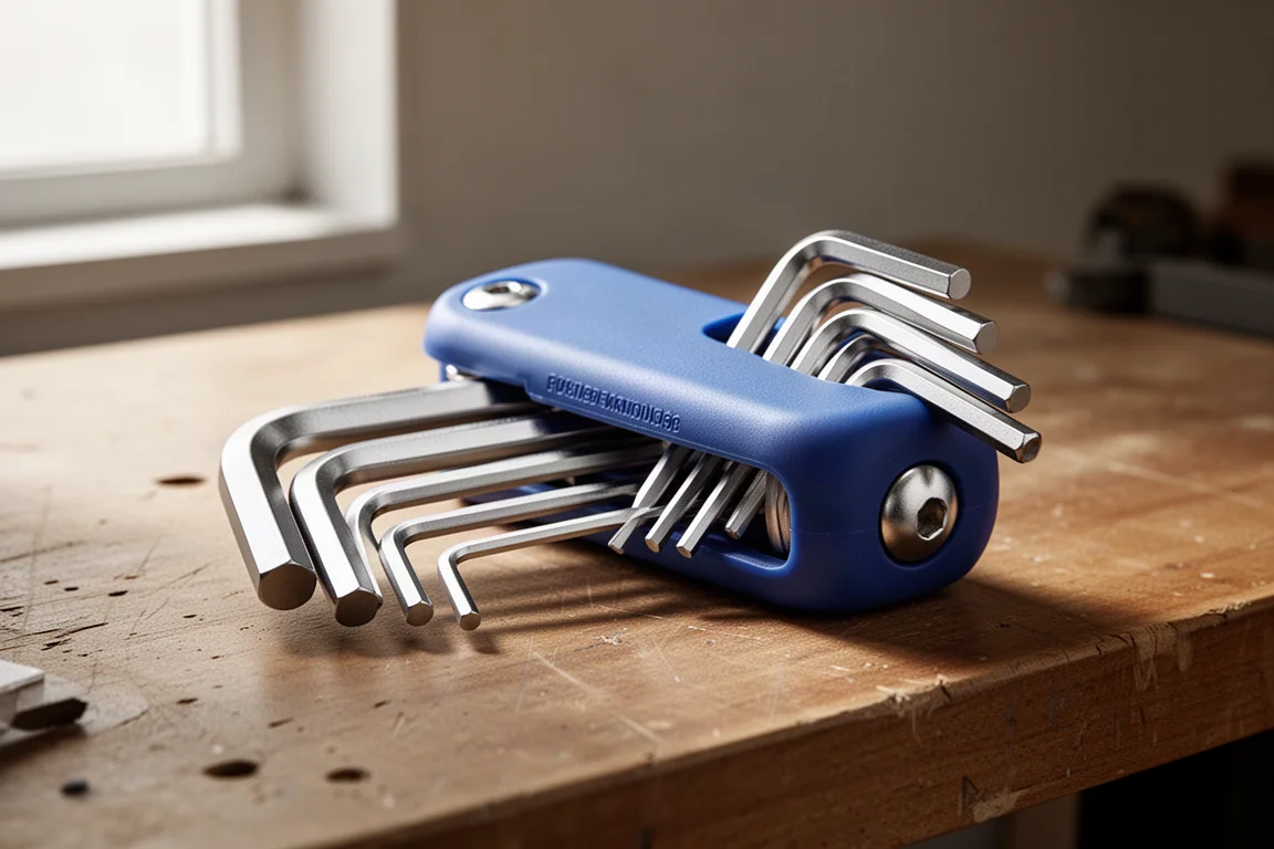 Folding hex key set in blue housing with chrome keys fanned out on a workbench