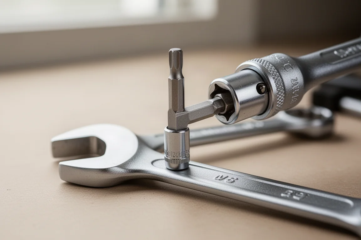 Stählerner Spinner-Adapter durch einen Ringschlüssel geschoben, mit angebrachter Nuss