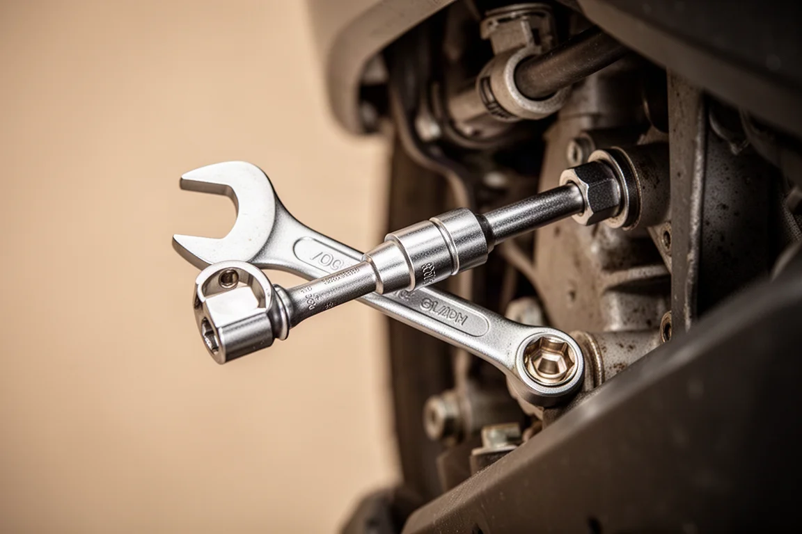Ringschlüssel mit Adapter und Verlängerung, der in einen engen Motorraumraum reicht