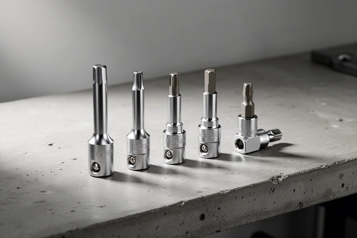Hazet four-piece wrench adapter set arranged on a concrete workbench