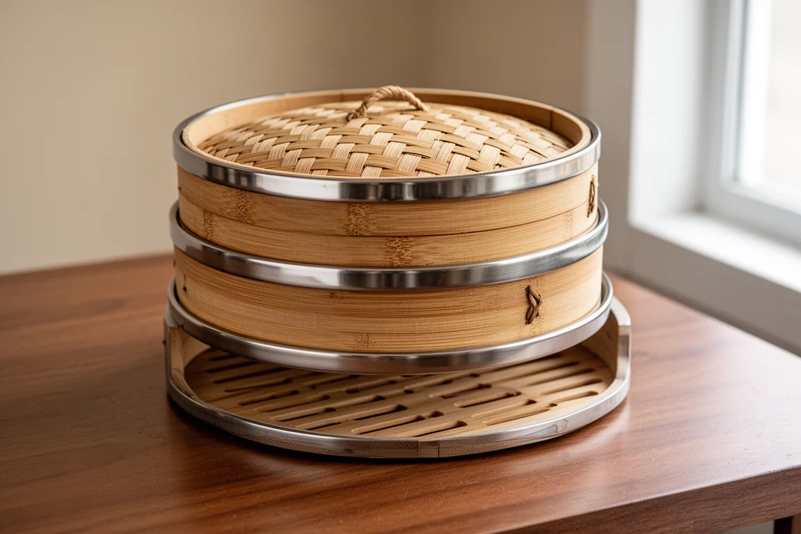Hcooker 3 Tier Kitchen Bamboo Steamer with Stainless Steel Banding product image