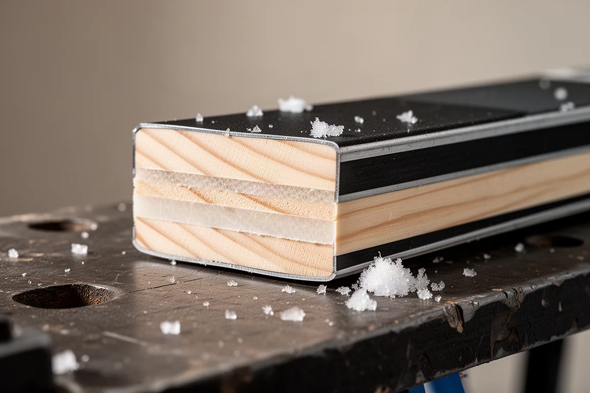 Detalle de corte transversal de un esquí mostrando el núcleo de madera y láminas metálicas