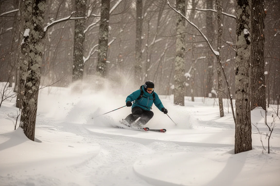 Esquiadora realizando giros cortos entre árboles en nieve blanda poco pisada
