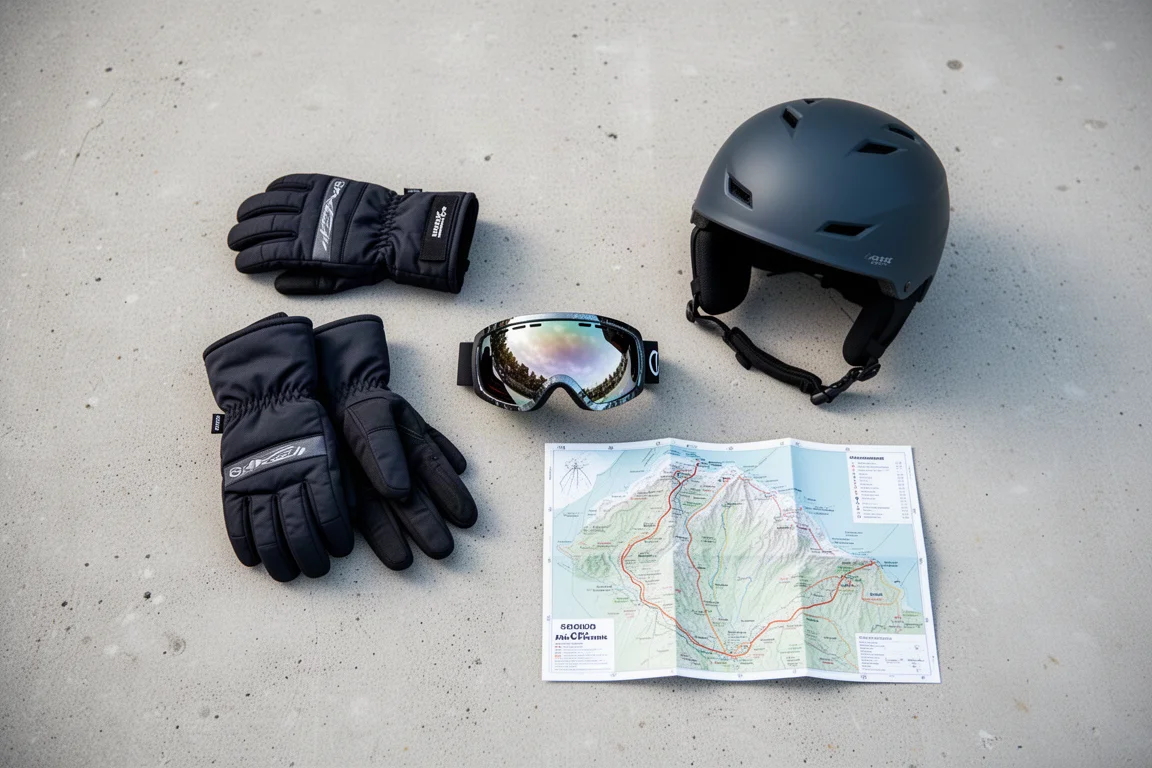 Vista cenital de guantes de esquí, goggles, casco y mapa de pistas sobre hormigón