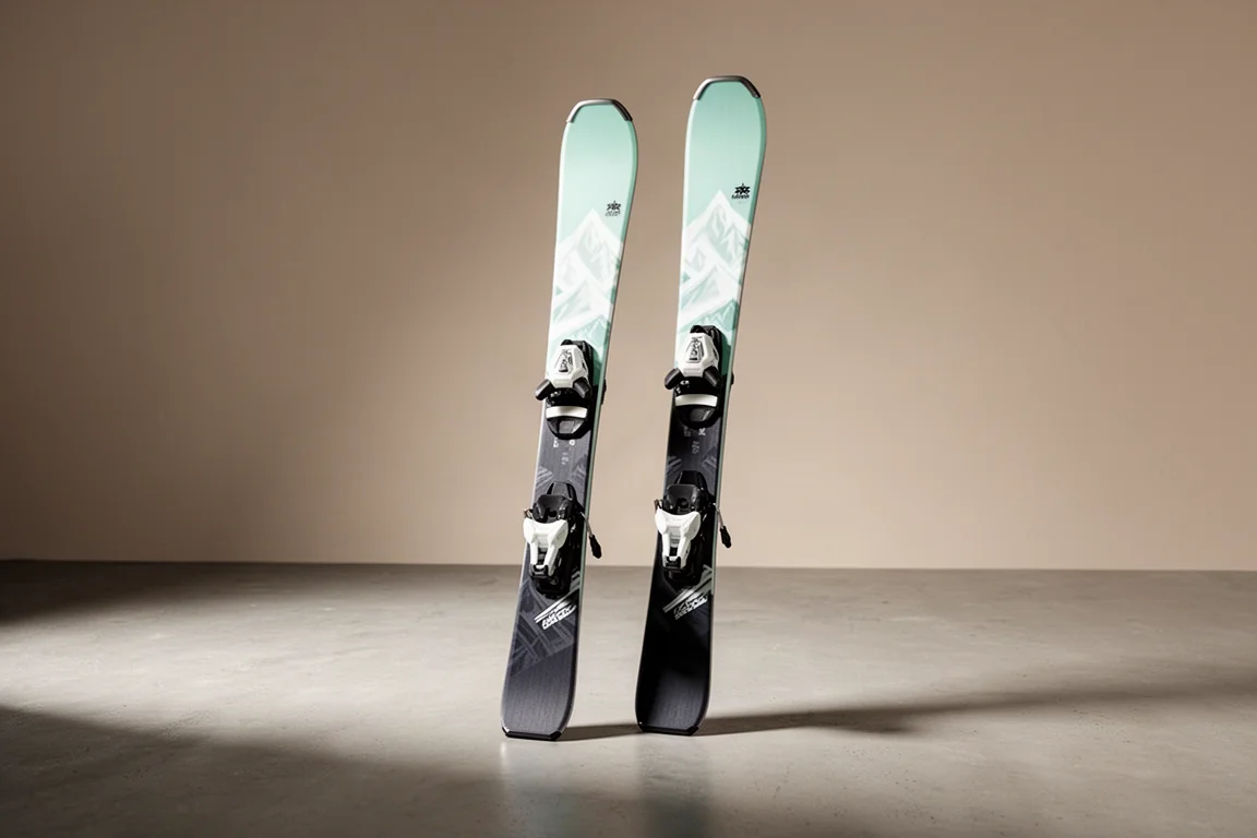 Mint and white women's all-mountain skis standing on a matte concrete surface