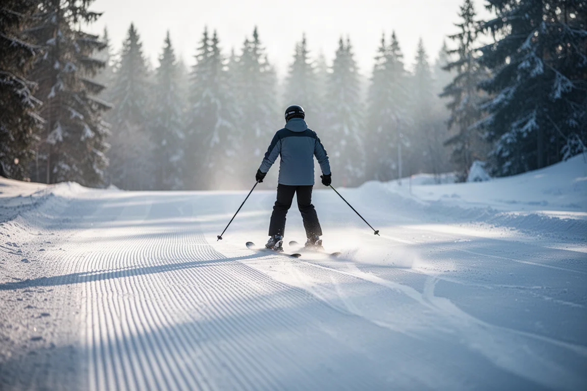 Skifahrerin gleitet über eine frisch präparierte Morgenpiste, von hinten gesehen