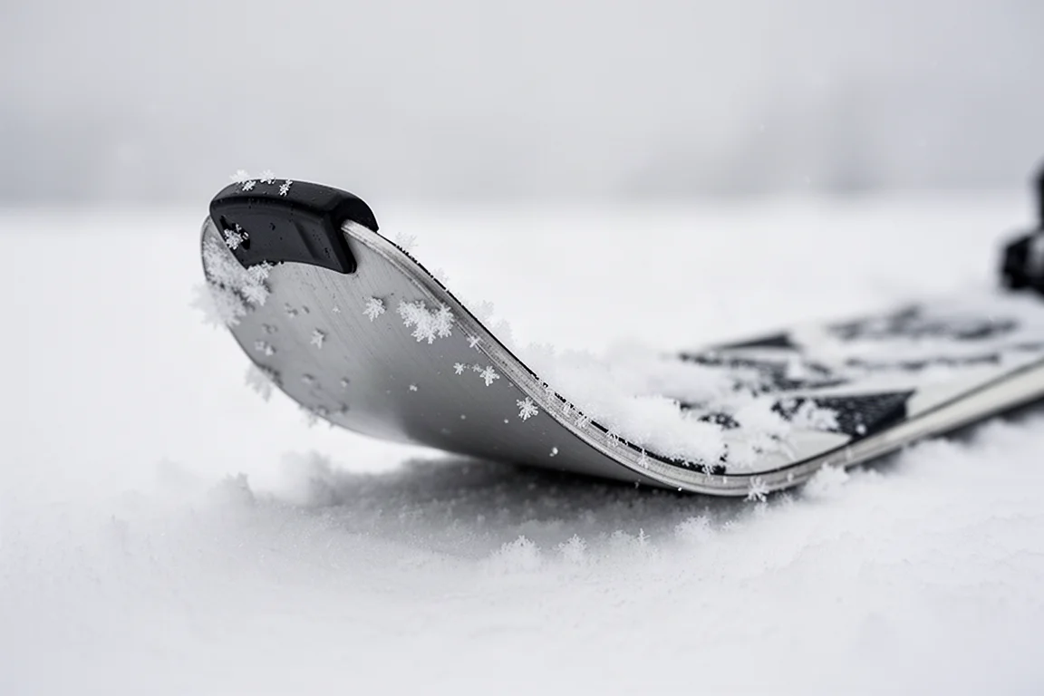 Nahaufnahme einer Skispitze mit Rocker-Profil und Sidewall auf festem Schnee