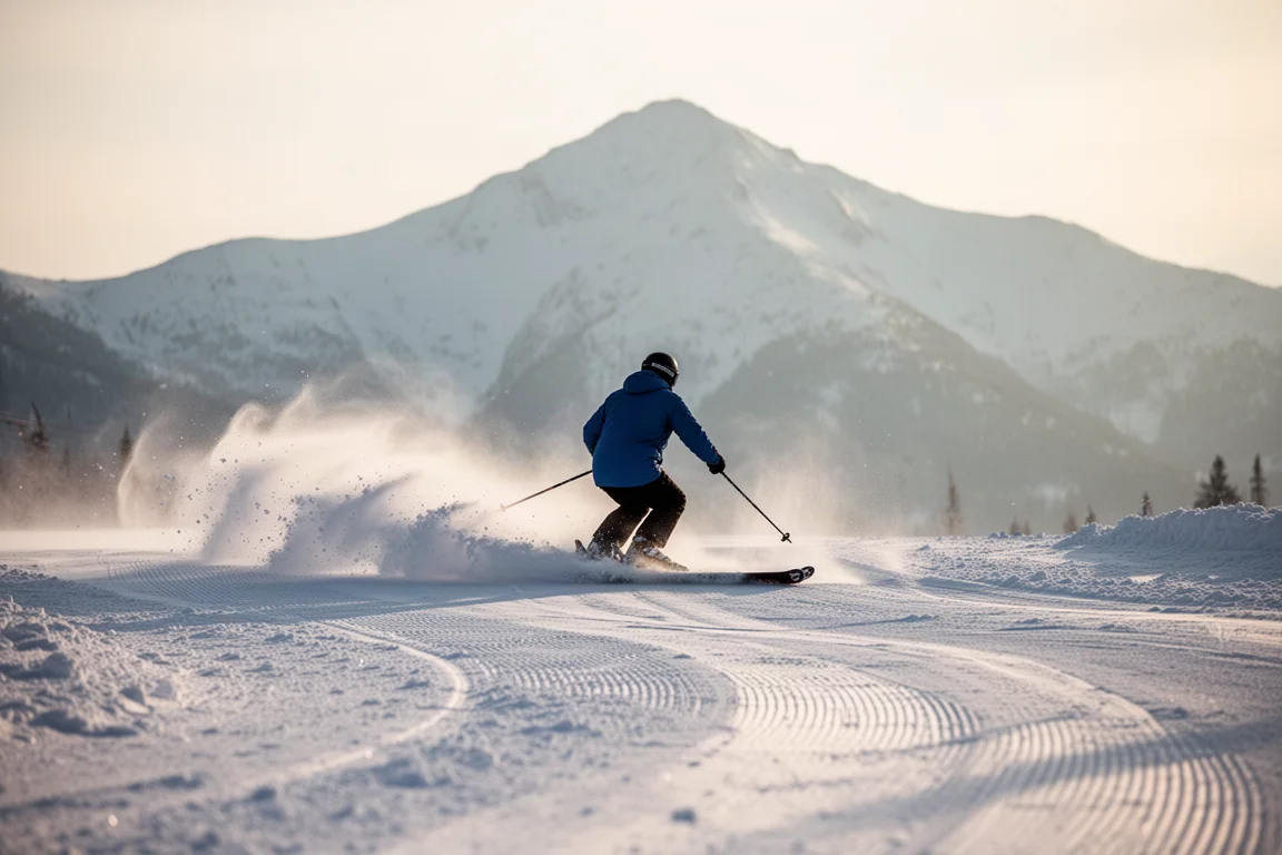 Skifahrerin zieht eine weite Kurve auf weichem Nachmittagsschnee, von hinten gesehen