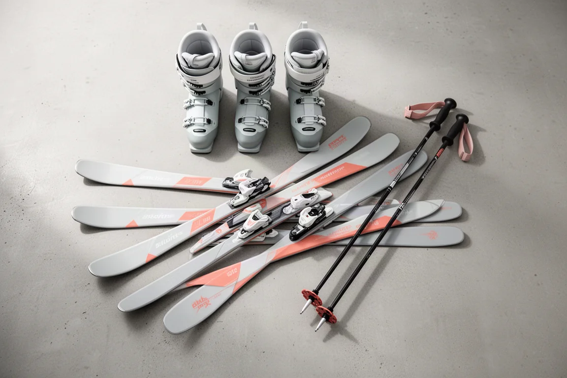 Draufsicht auf Skier, Schuhe und Stöcke auf matter Betonoberfläche