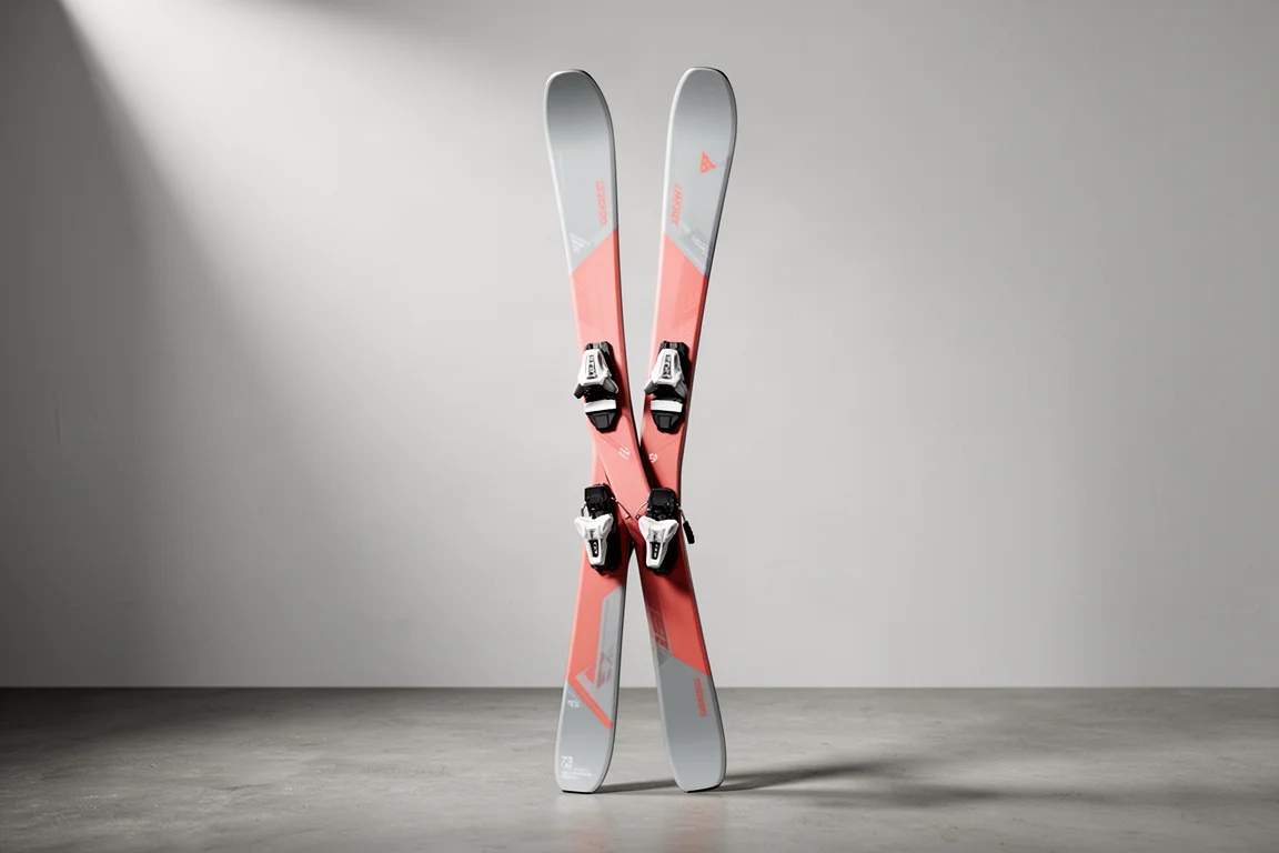 Pair of women's carving skis with integrated bindings on a neutral studio backdrop