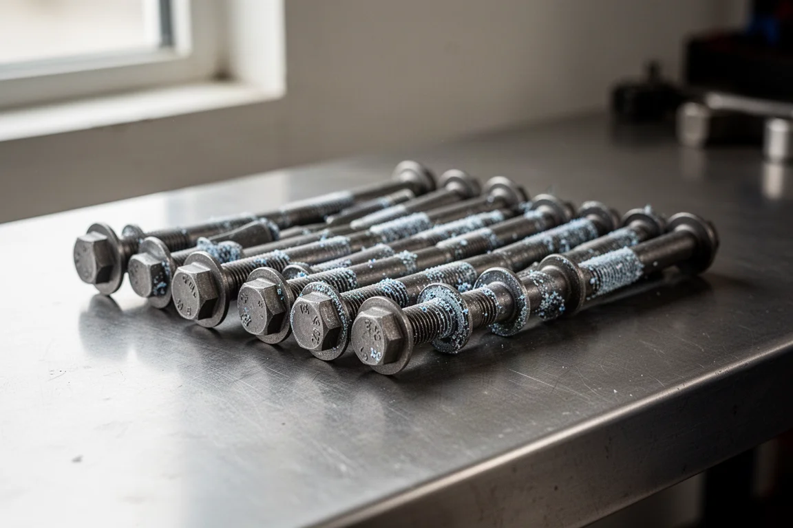 Torque-to-yield cylinder head bolts laid out on a workbench