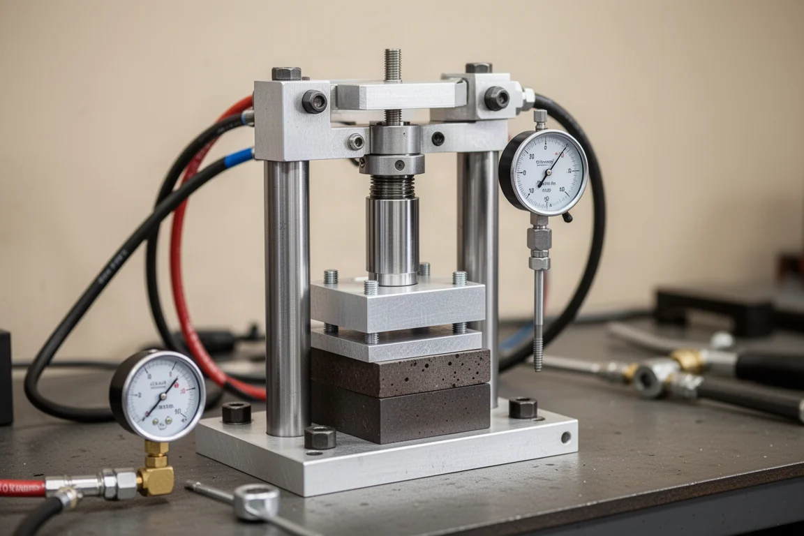 Hydraulic press test fixture with dial indicator measuring fastener stretch