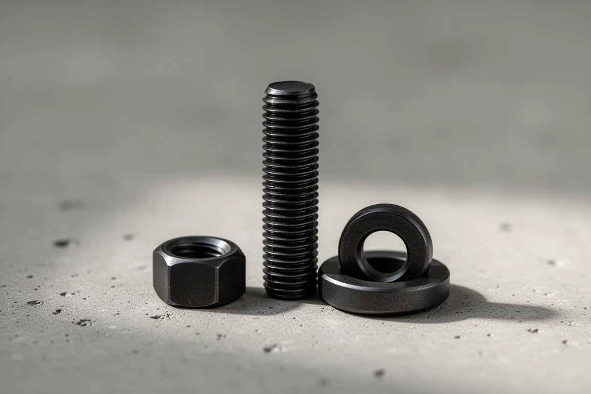 Close-up of a threaded head stud with nut and hardened washer