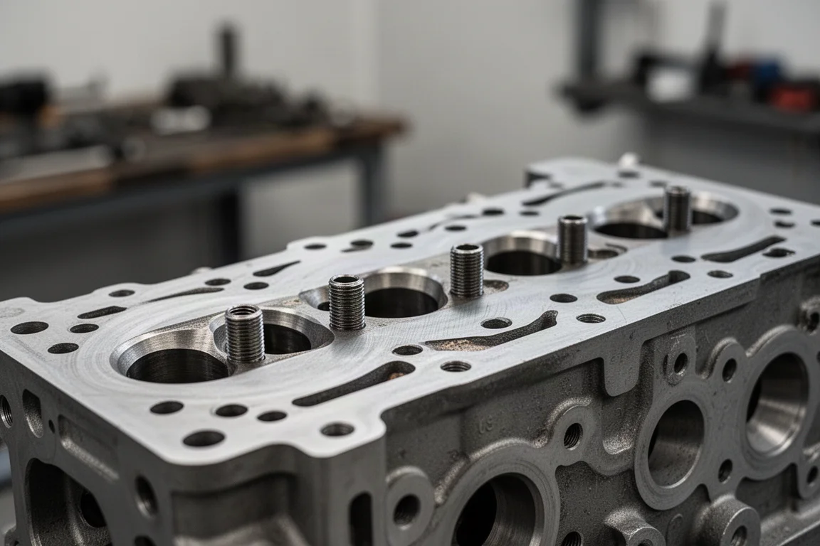 Engine block deck with empty head bolt holes after teardown