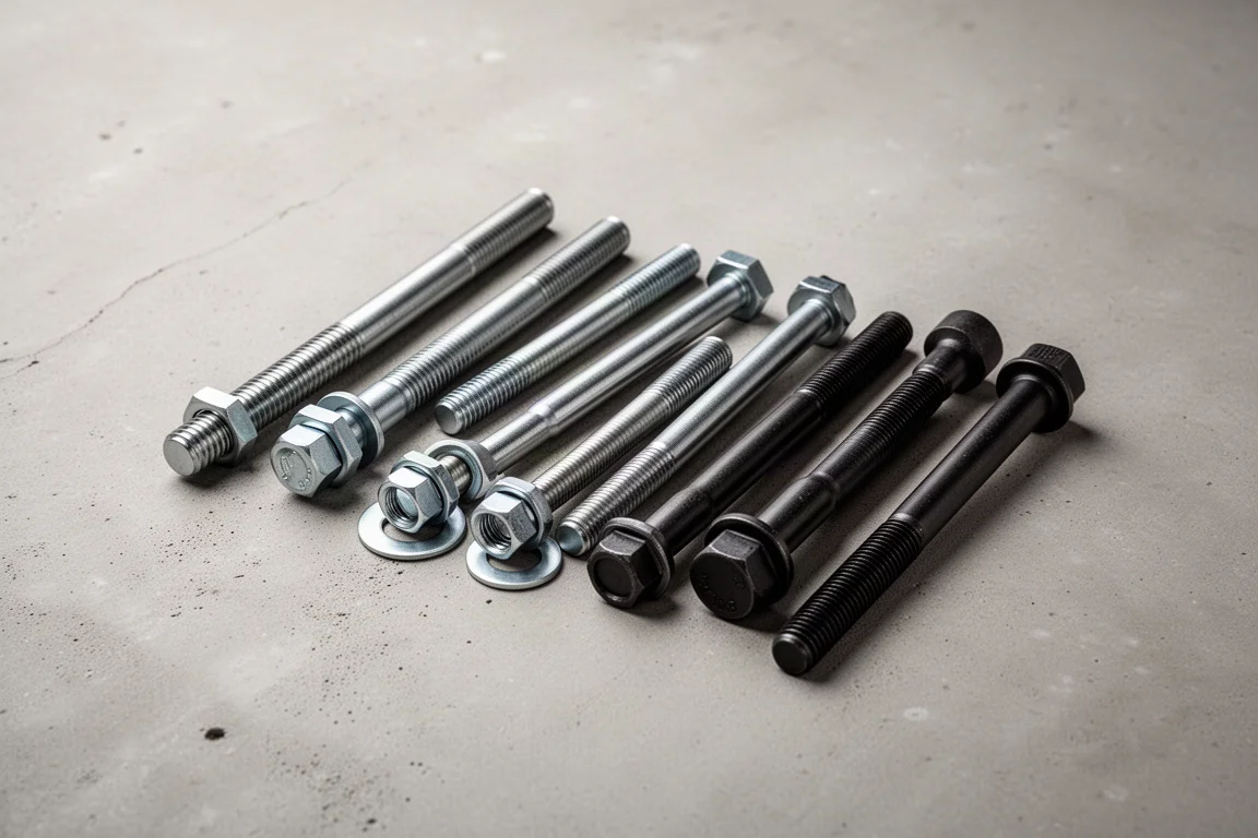 Row of head studs and torque-to-yield head bolts on a concrete surface