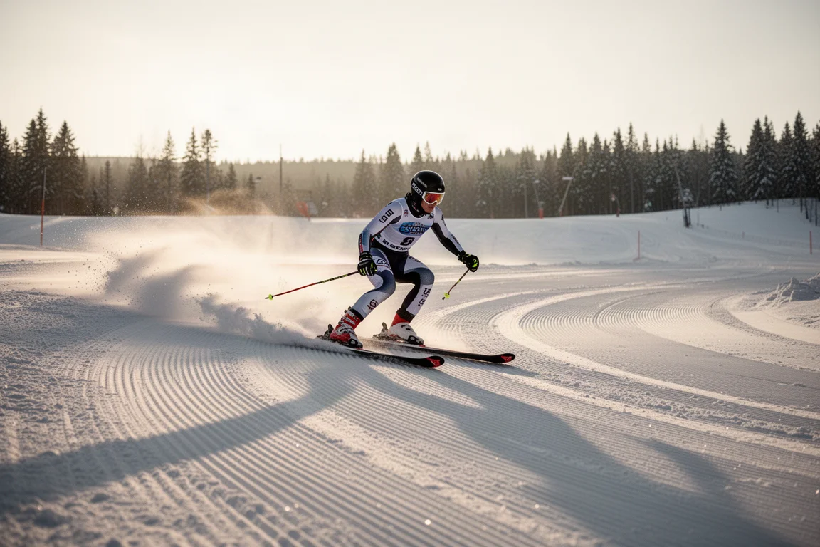 Skier carving tight short radius turns on a freshly groomed corduroy piste at first light