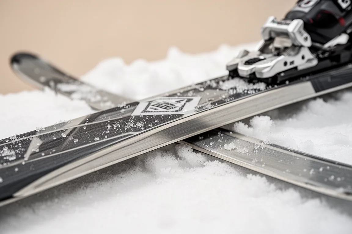 Close-up of the layered mid-section and race plate underfoot on a narrow carving ski