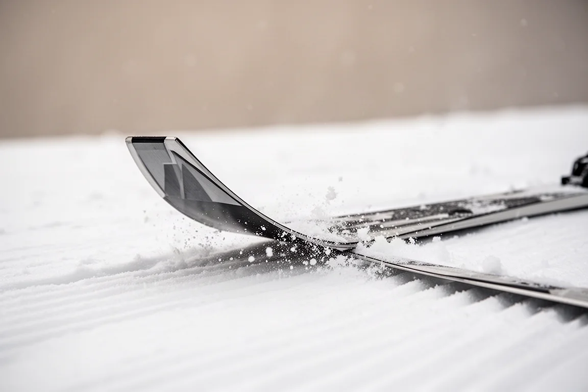 Low-angle detail of the square angular tail of a carving ski biting into firm groomed snow