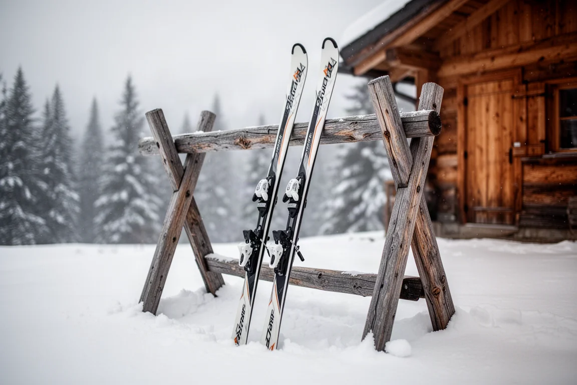 Pair of narrow carving skis leaning against a wooden ski rack outside a mountain lodge