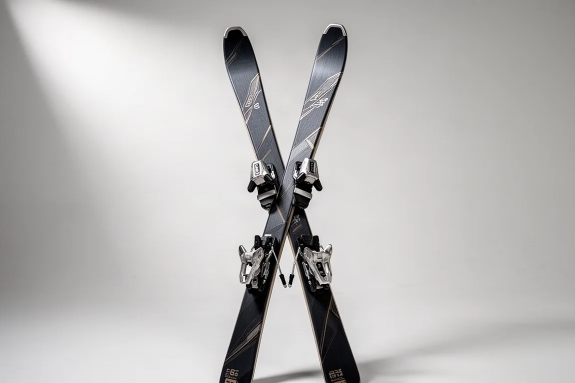Pair of narrow carving skis with race-style bindings against a light grey studio backdrop