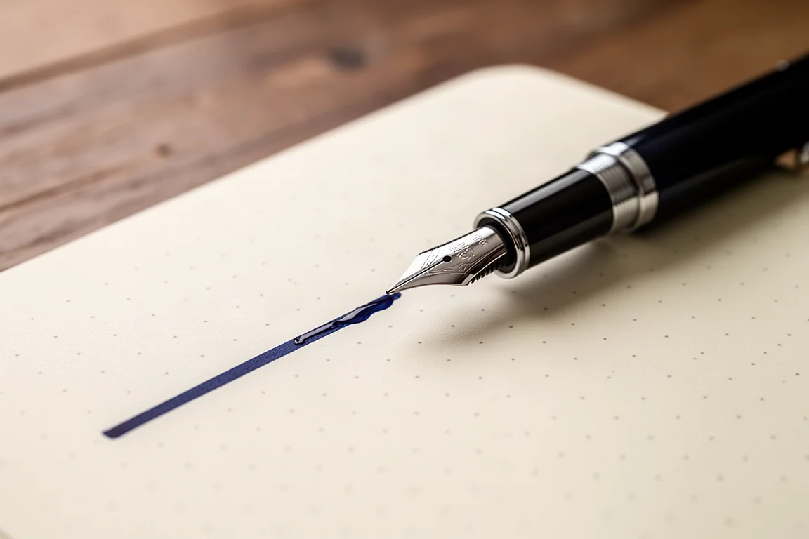 Stylo-plume écrivant sur une page d'un carnet à grille pointée