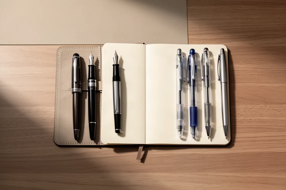 Assortiment de stylos posés à côté d'un carnet ouvert sur un bureau