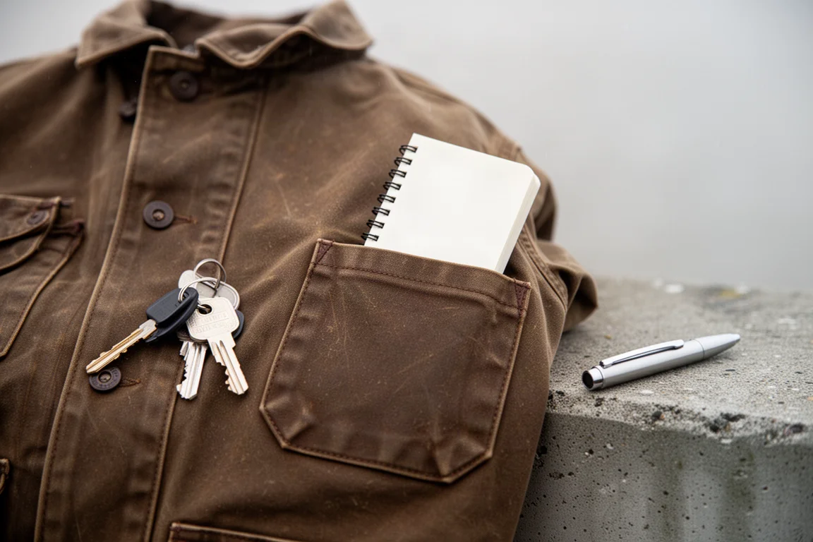 Carnet de poche glissé dans une poche de veste à côté d'objets du quotidien