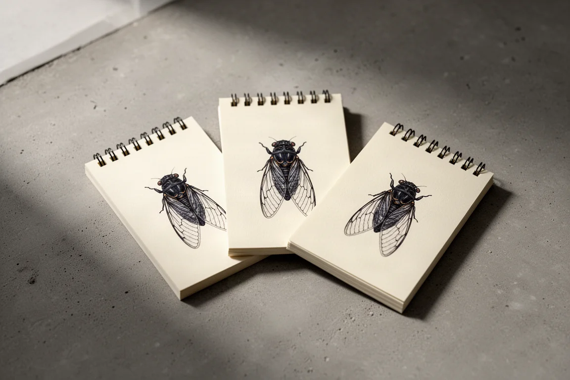 Three cream pocket notebooks with cicada cover art arranged on a concrete surface