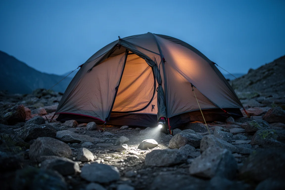 Tält som lyser i blå timmen på en alpincamping med en pannlampas ljusstråle på marken
