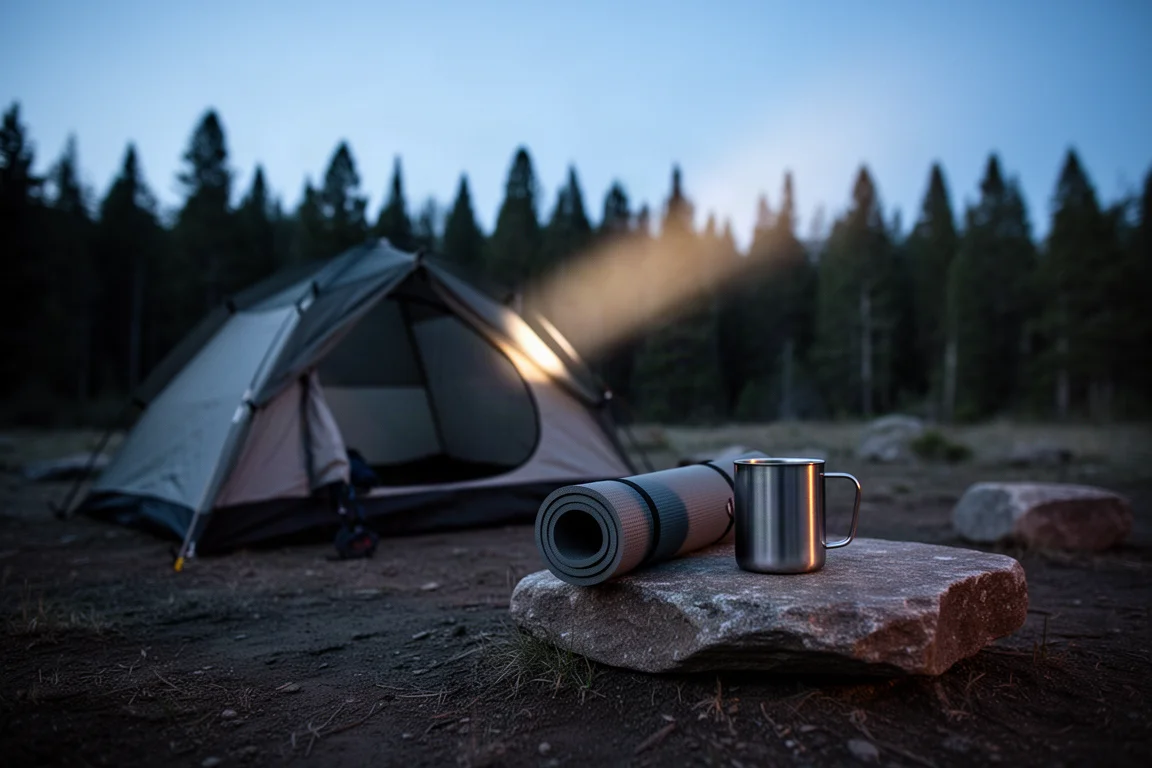 Camping i skymningen med tält, rullad liggunderlag och ljus som sveper över trädgränsen