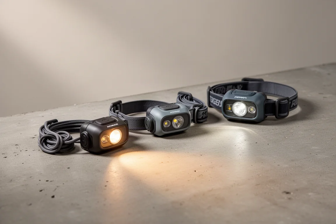 Four hiking headlamps arranged in a row on a concrete surface, one emitting light