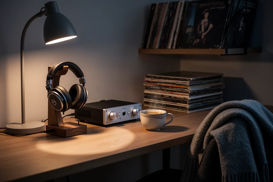 Angolo di ascolto tranquillo con una cuffia open-back su un supporto, un piccolo amplificatore e una tazza di caffè