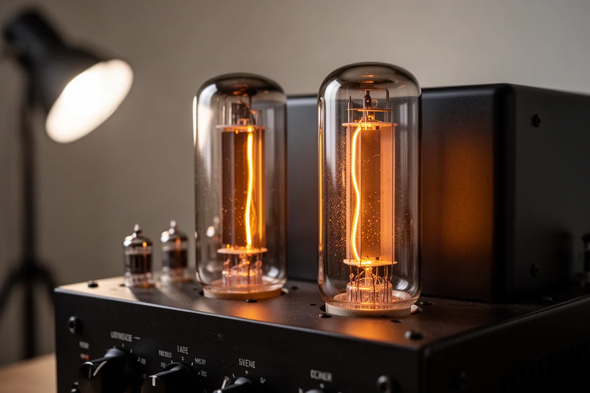 Primo piano di due valvole in vetro che brillano di ambra dentro uno chassis scuro di amplificatore