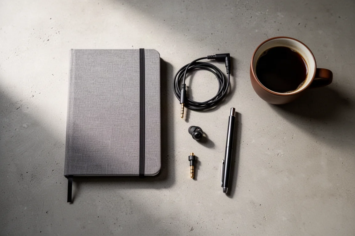 Vista dall'alto di un quaderno, un cavo audio avvolto, un adattatore e un caffè su cemento