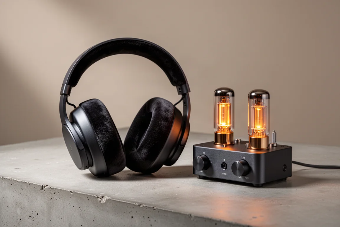Open-back headphone beside a compact tube amplifier with glowing tubes on a concrete surface