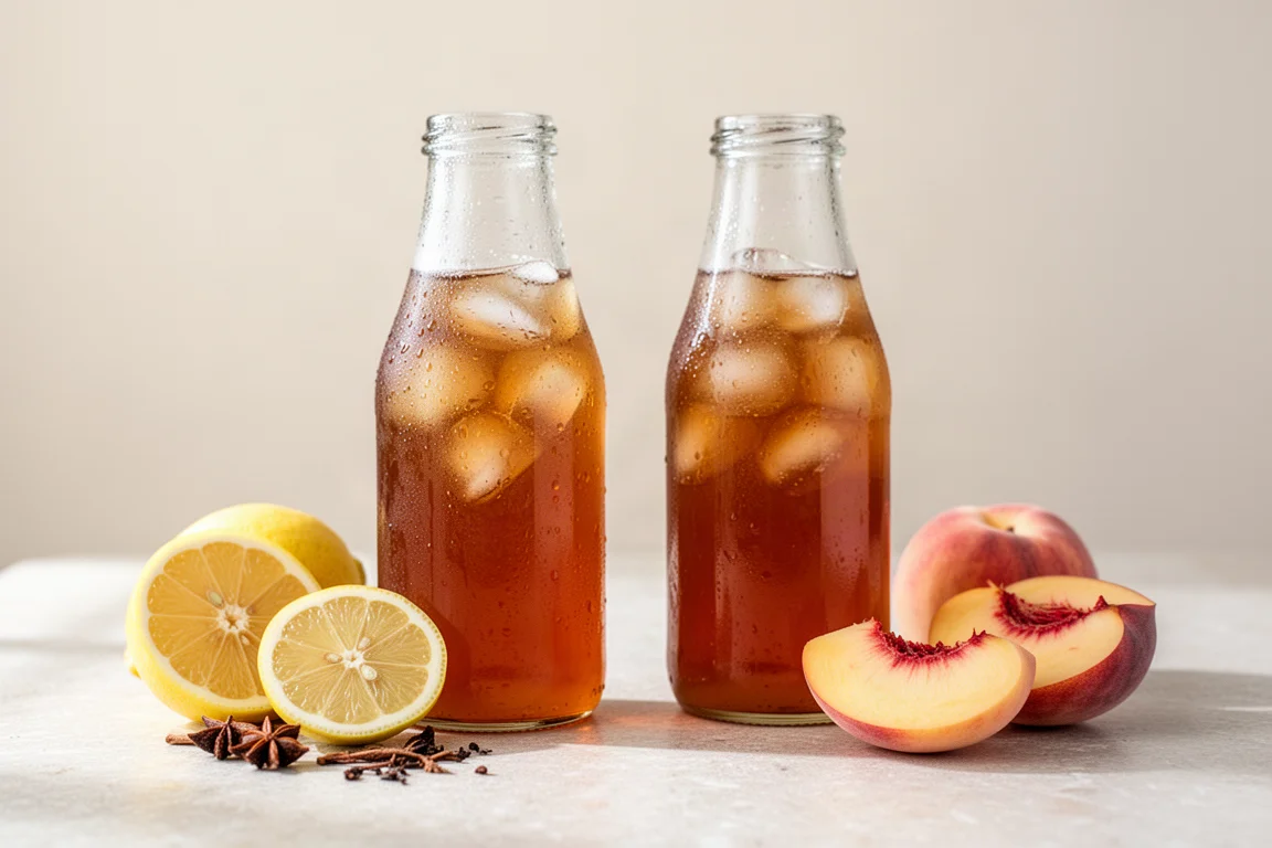 Two chilled bottles of iced tea with lemon and peach garnishes on a bright table