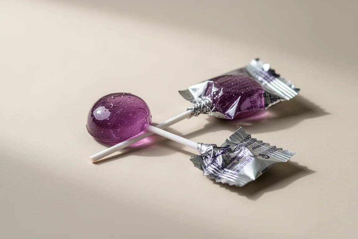 A child's hand holding a small colourful lollipop against a plain backdrop